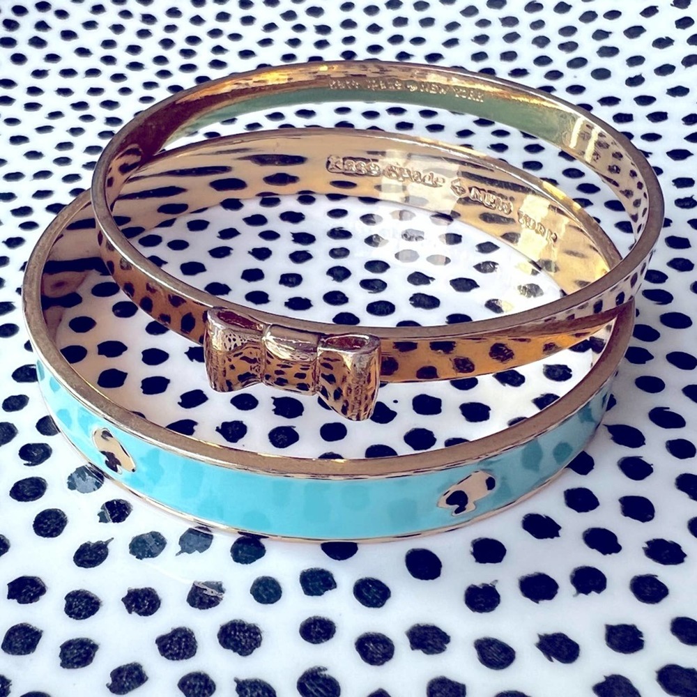 KATE SPADE Bow & Spades Tiffany Blue Gold Bangle Set Two Bracelets EXCELLENT EC - Picture 8 of 8